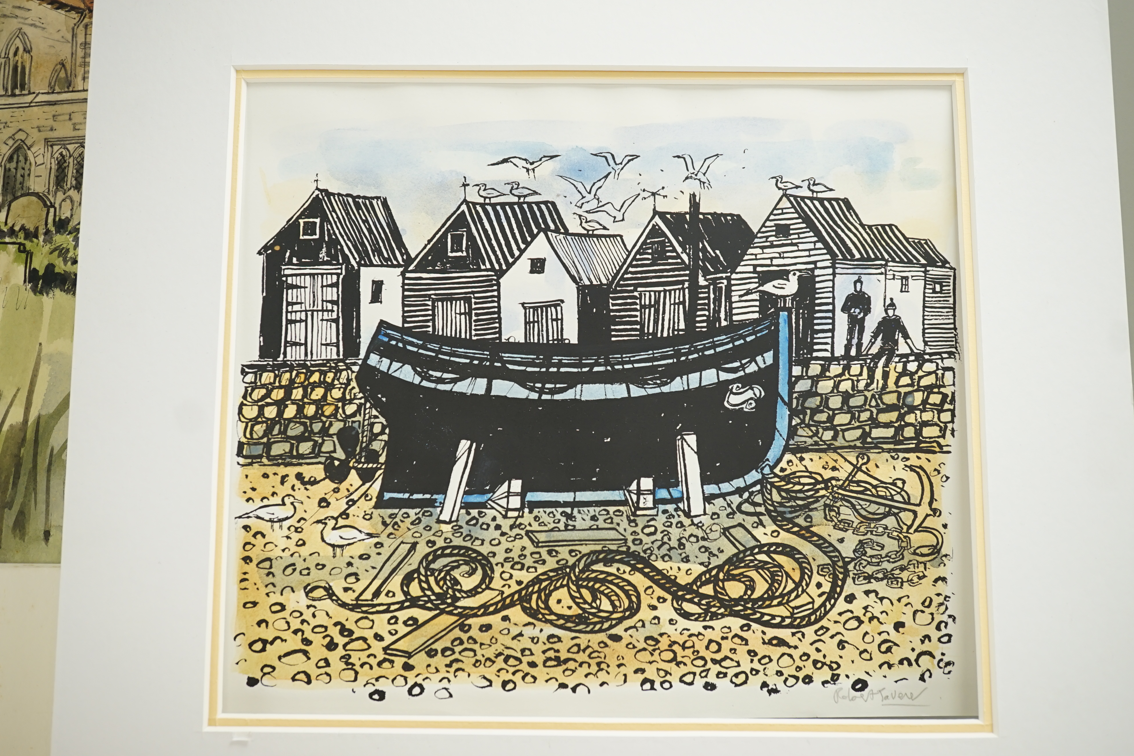 Robert Tavener (1920-2004), two watercolours and a print, 'View of a church', 'Coastal scene' and 'Fishing boat on the beach', two signed, largest 30 x 40cm, unframed